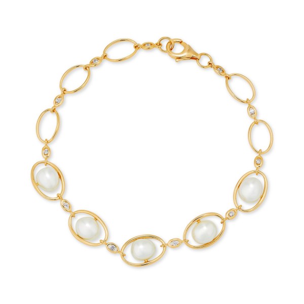 Cultured (7-7-1/2mm) & White (1/5 ct. ) Oval Bracelet in 14k Gold-Plated