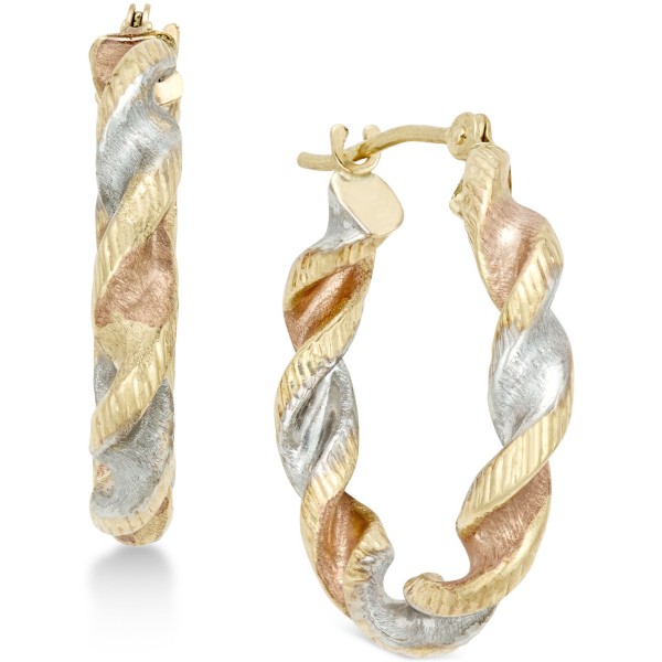 Satin Twist Hoop Earrings in 10k Tri-Tone Gold