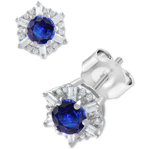 Sapphire (5/8 ct. ) & (1/10 ct. ) Stud Earrings in 14k White Gold 