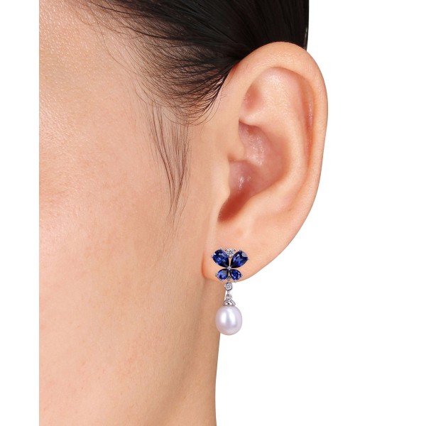 Cultured (8mm) & Blue & White Sapphire (3-3/4 ct. ) Butterfly Drop Earrings in