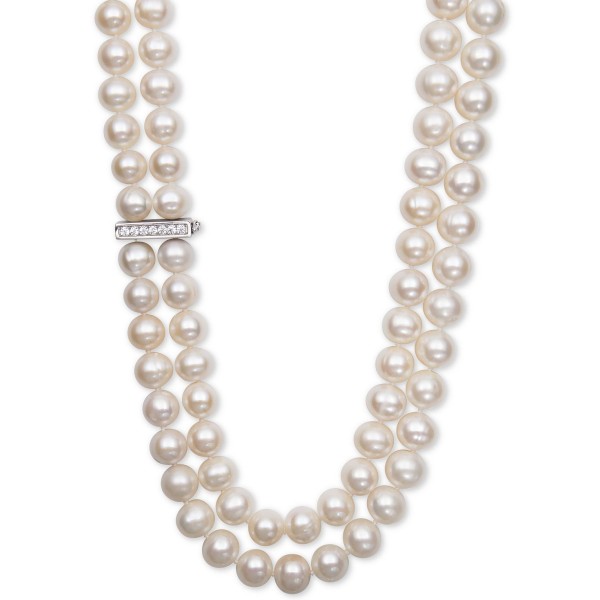 White Cultured (8-1/2mm) and Cubic Double Strand Necklace