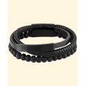 Men's Onyx & Lava Bead Triple Row Braided Leather Bracelet in Black Ion-Plated Stainless Steel 