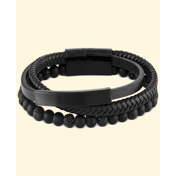 Men's Onyx & Lava Bead Triple Row Braided Leather Bracelet in Black Ion-Plated Stainless Steel 